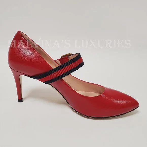 GUCCI SHOES SYLVIE WEB RED LEATHER MARY JANE PUMPS HEELS sz  display picture 1